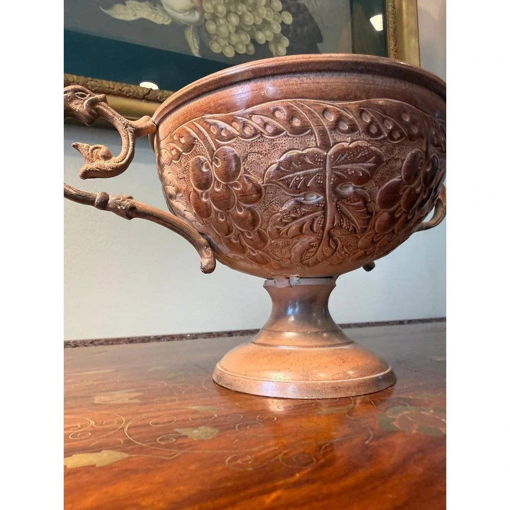Vintage Copper-Tone Pedestal‎ Bowl with Dragon Handles